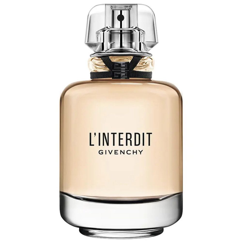 Flacon de parfum avec bouchon transparent et ruban noir. Inscription L'Interdit Givenchy.