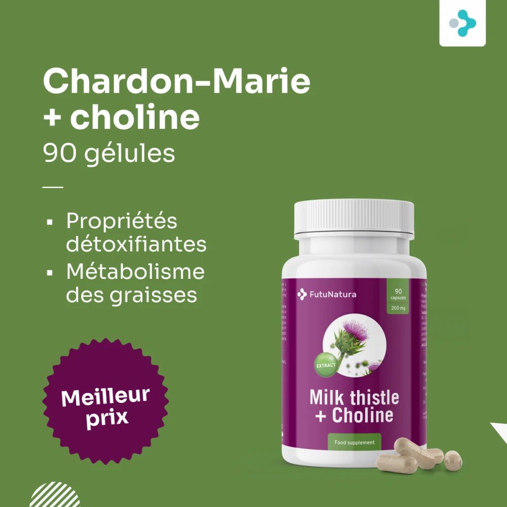 Flacon de Chardon-Marie + choline et gélules. Inscription: Chardon-Marie + choline. 90 gélules. Propriétés détoxifiantes.
