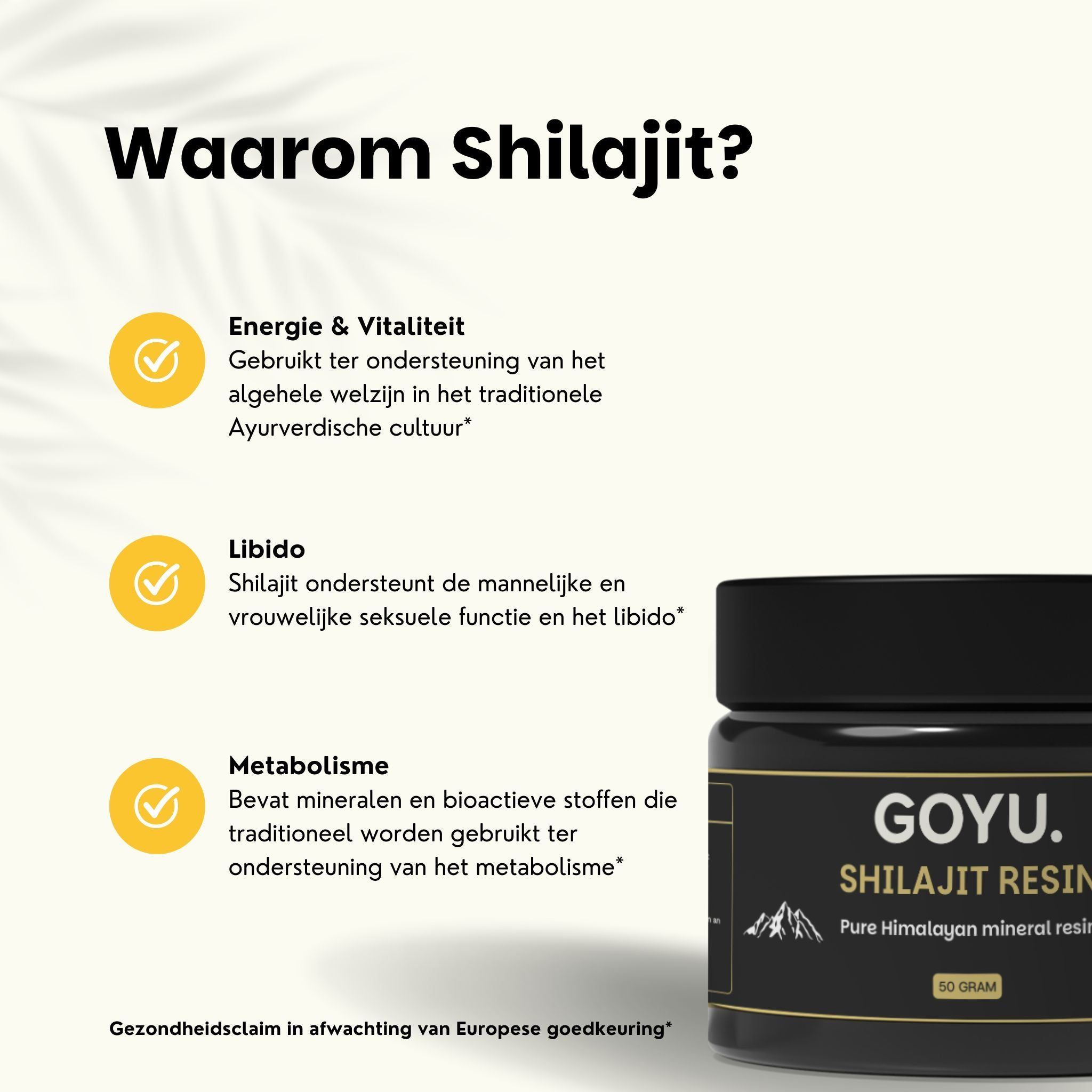 Tekst: Waarom Shilajit? Energie & Vitaliteit, Libido, Metabolisme. Pot met shilajit-hars.