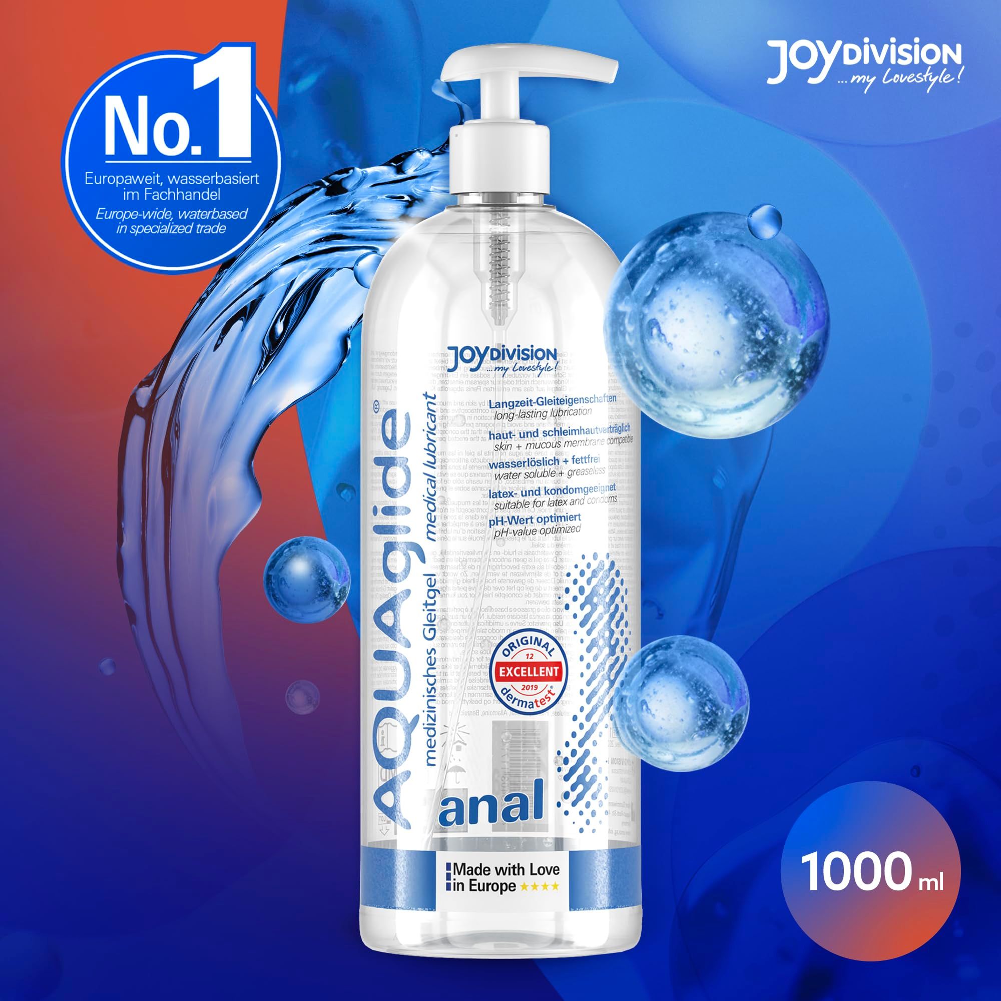 AQUAglilde Anale glijmiddel 1000ml in fles met pomp, omringd door waterbellen.