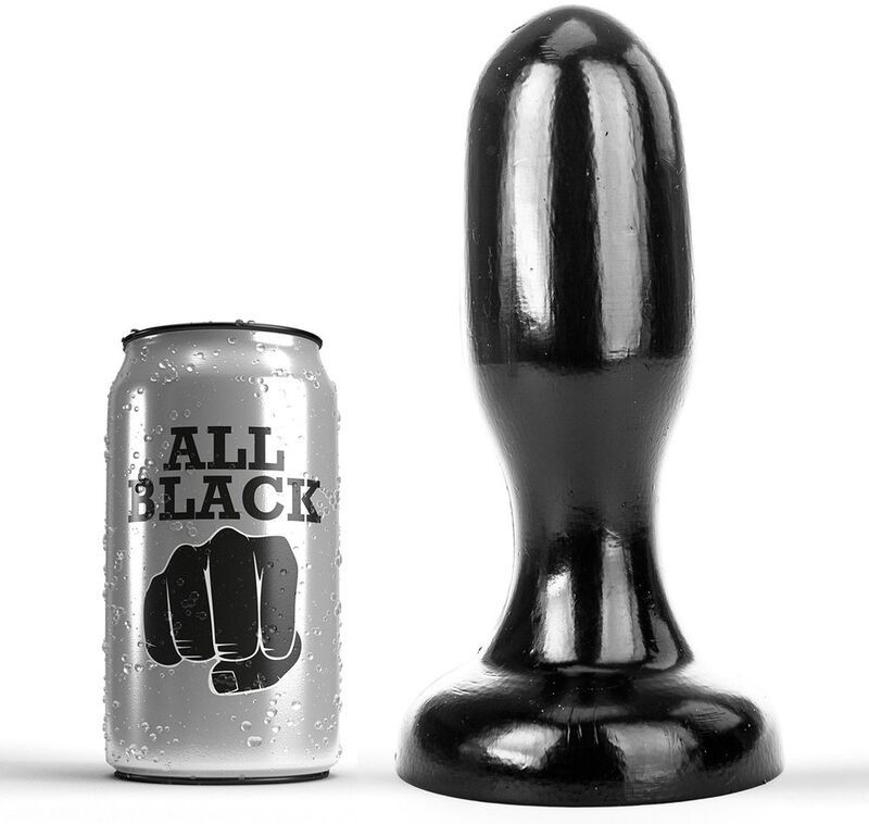 Buttplug noir à côté d'une canette marquée 'ALL BLACK'.