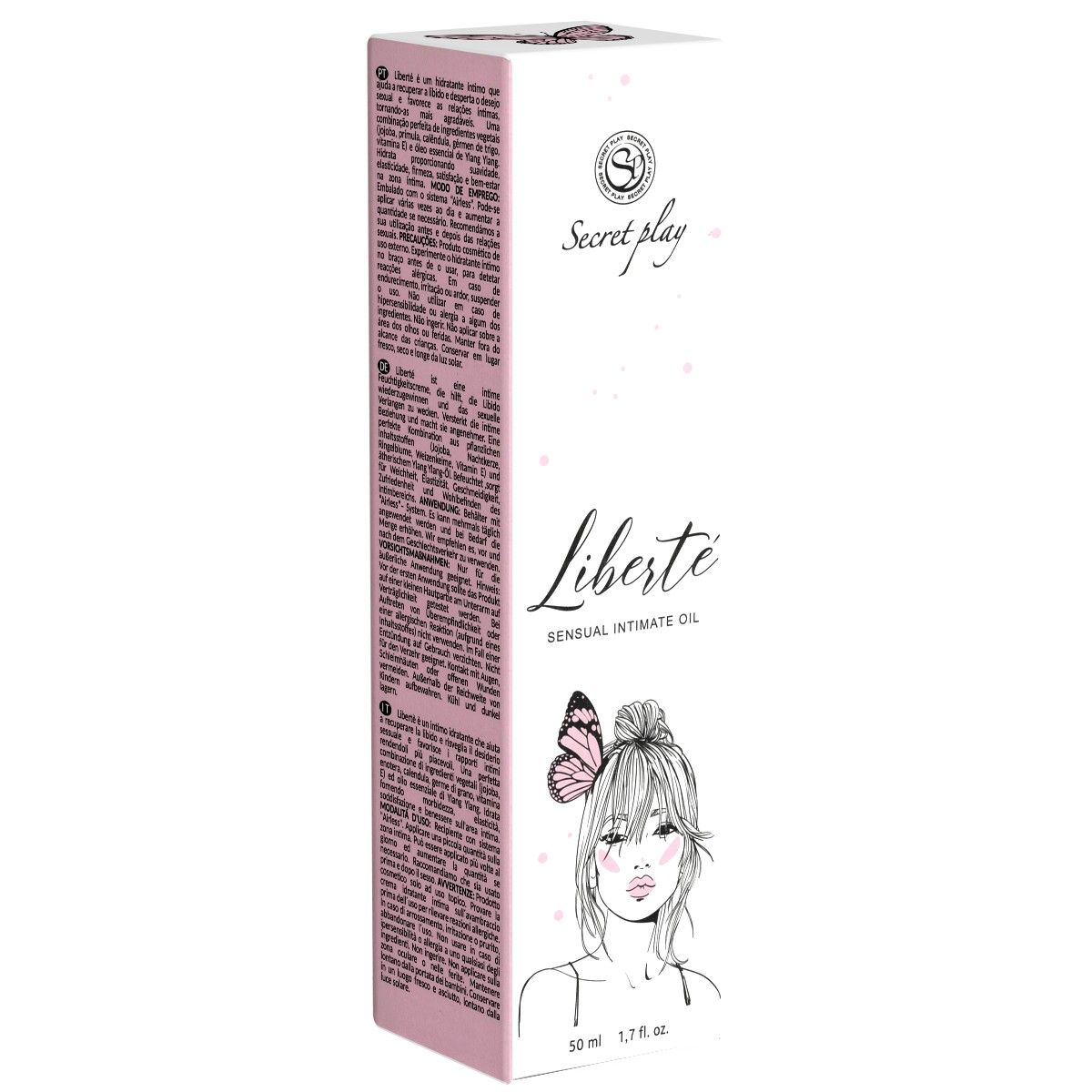 Verpakking van Secret Play *Liberté* Huile Intime Sensuelle. Roze en witte doos met productnaam en illustratie van een vrouw met vlinder.