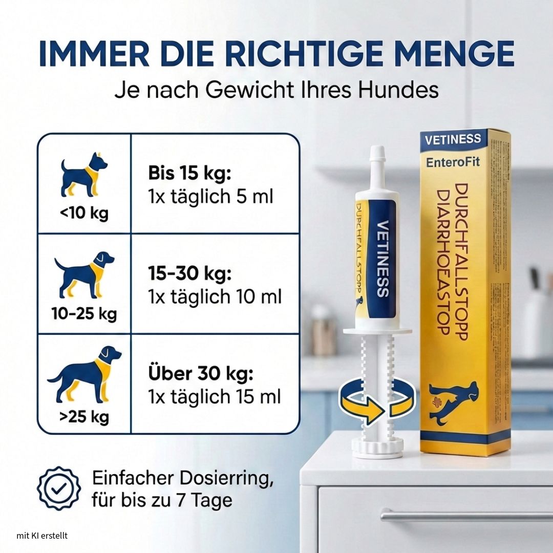 Tableau de dosage : chiens par poids. Applicateur avec bague de dosage. Texte : Jusqu'à 15 kg : 5 ml, 15-30 kg : 10 ml, plus de 30 kg : 15 ml.