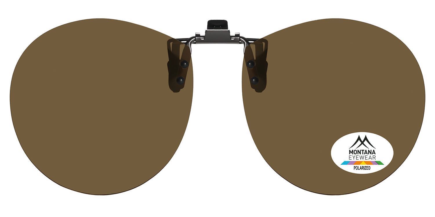 Montana Eyewear Sopot flip-up zonnebril met bruine glazen en logo. Ronde vorm, gepolariseerd.