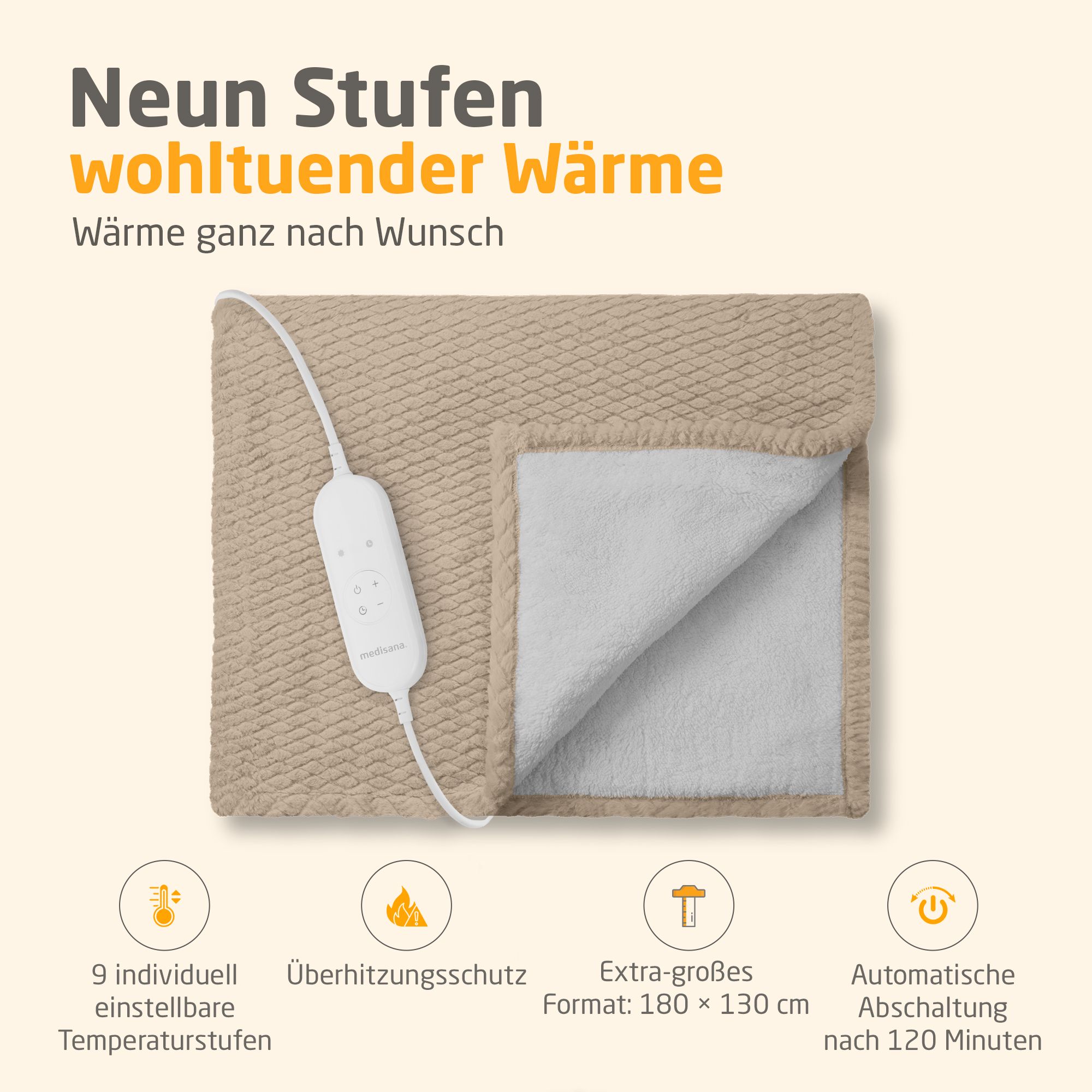 Couverture chauffante beige, intérieur blanc. 9 niveaux de température, protection contre la surchauffe, format 180x130 cm, arrêt auto.