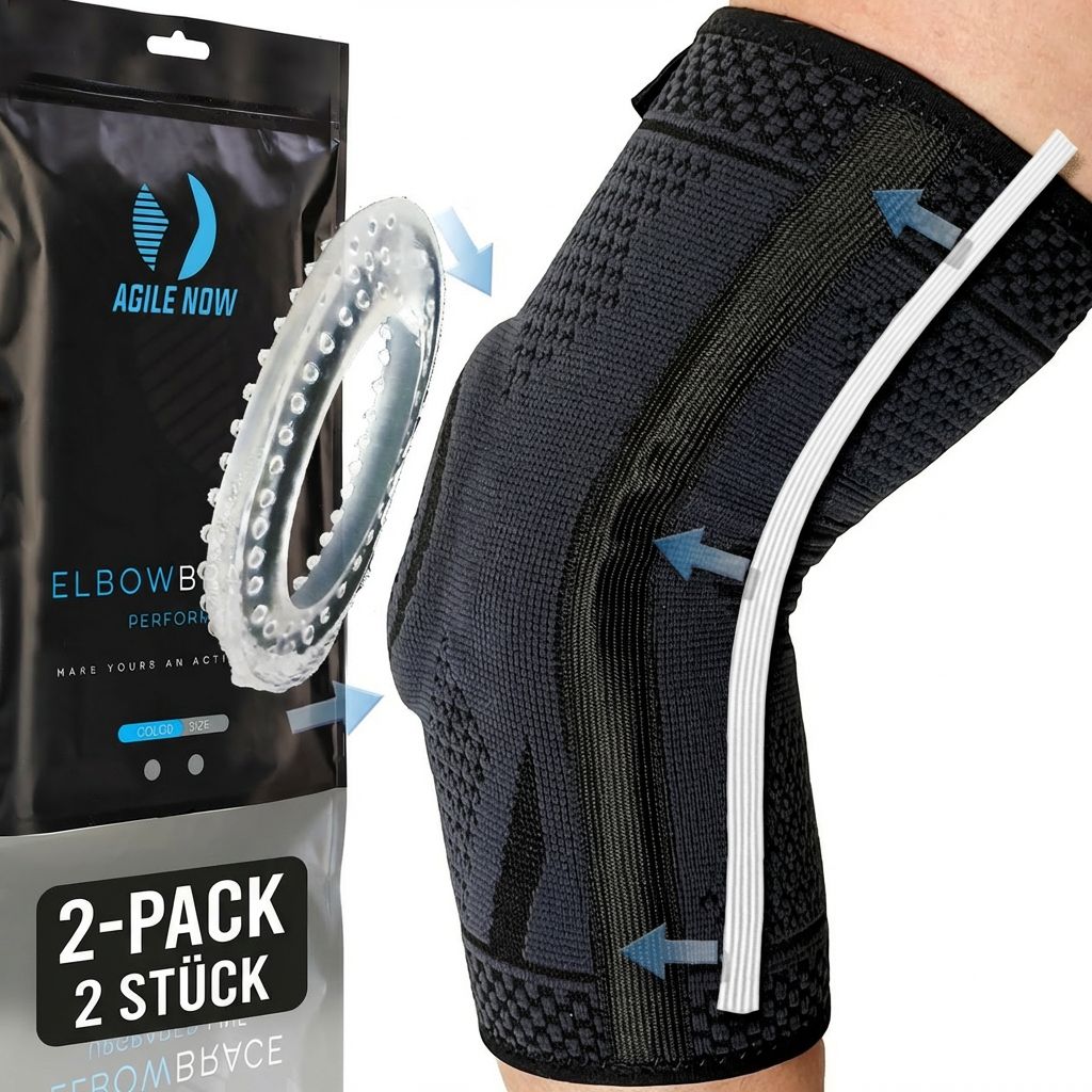 AGILE NOW Coudière Performance Up, pack de 2. Bandage noir avec coussinet en gel transparent et flèches bleues.