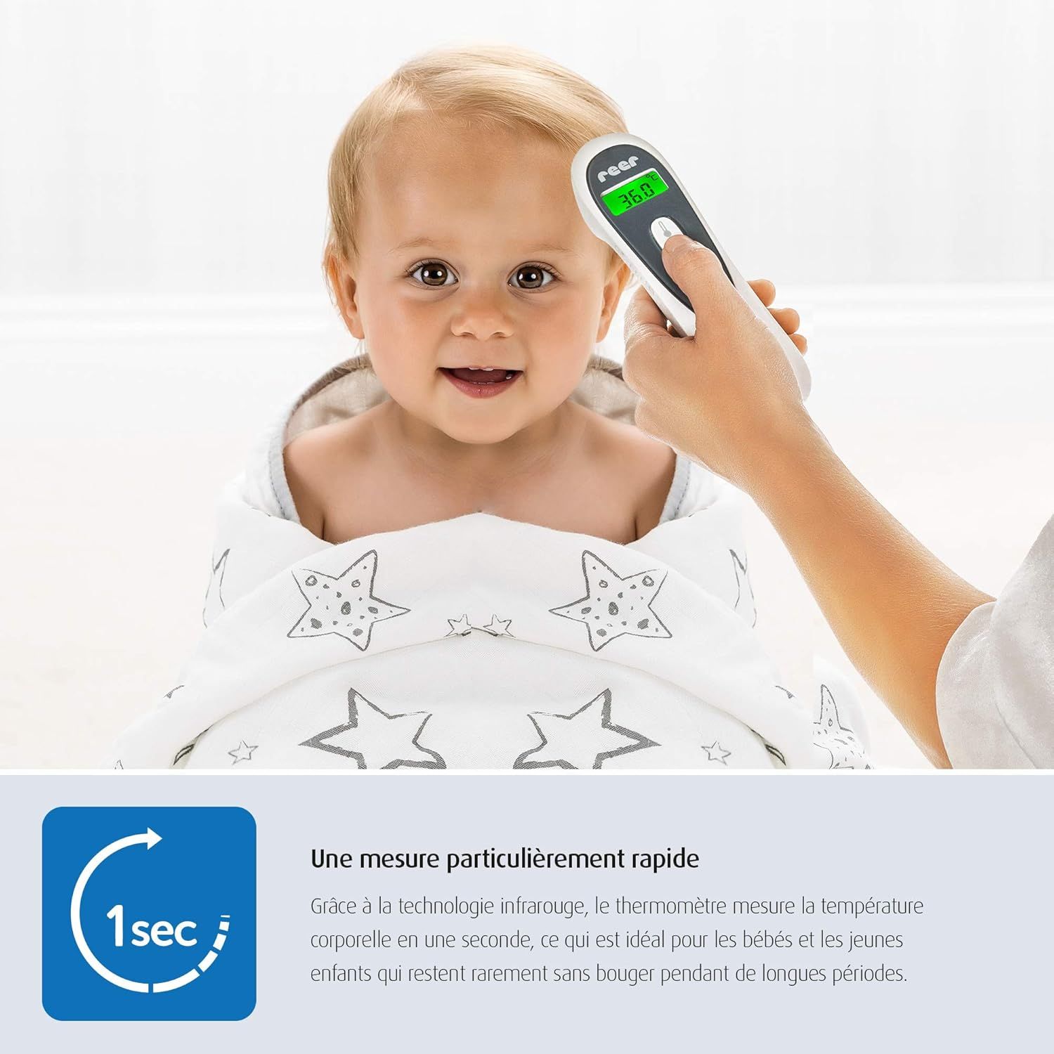 Gros plan de l'écran du thermomètre avec affichage vert 36.0°C.