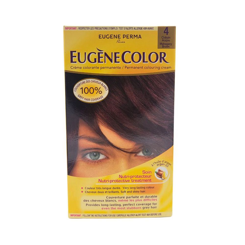 Boîte de coloration capillaire Eugène Color. Crème colorante permanente. Couvre 100% des cheveux blancs. Teinte 4, acajou.