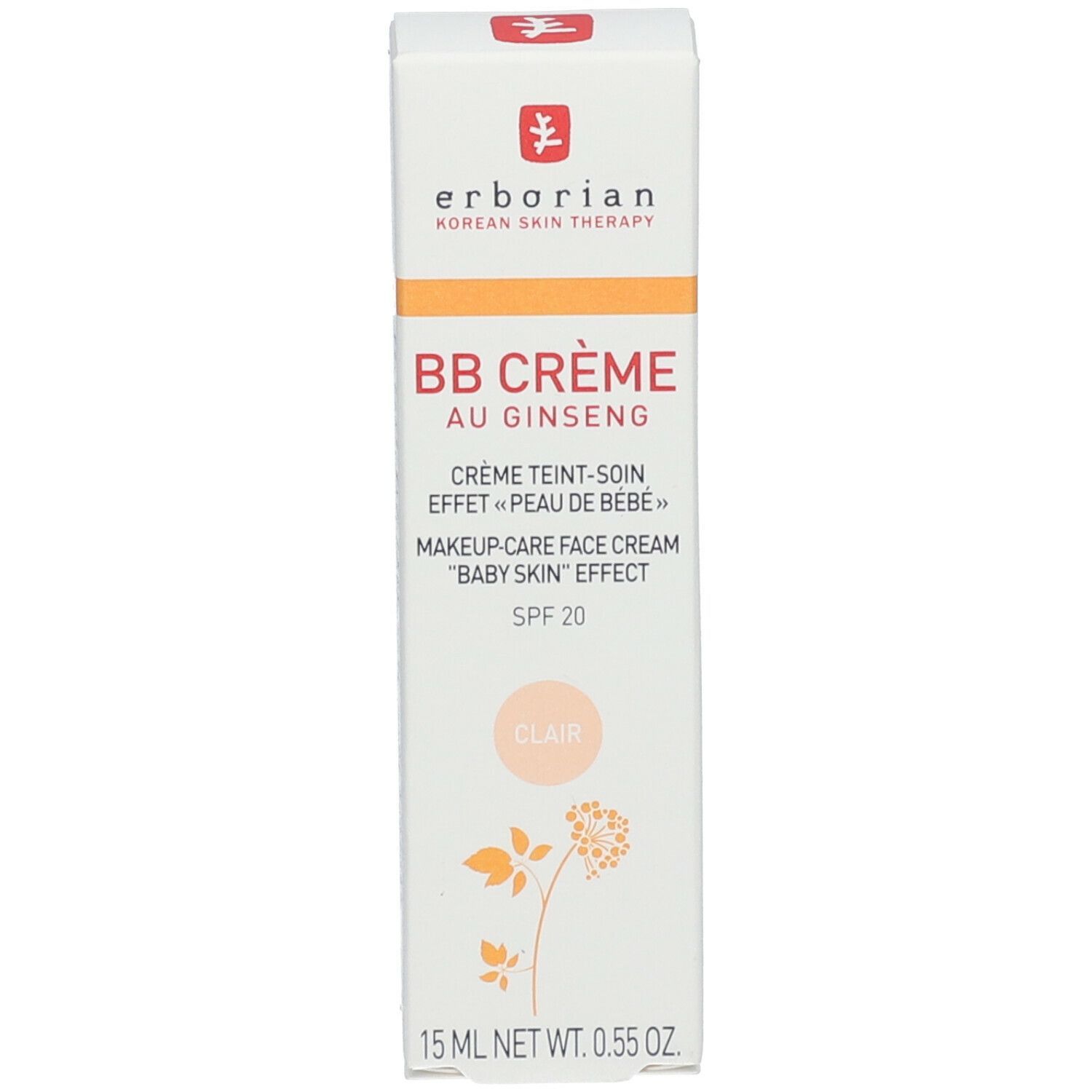 Witte doos met rode tekst. BB Crème au Ginseng Clair, SPF 20. 15 ml. 'Baby Skin' effect.