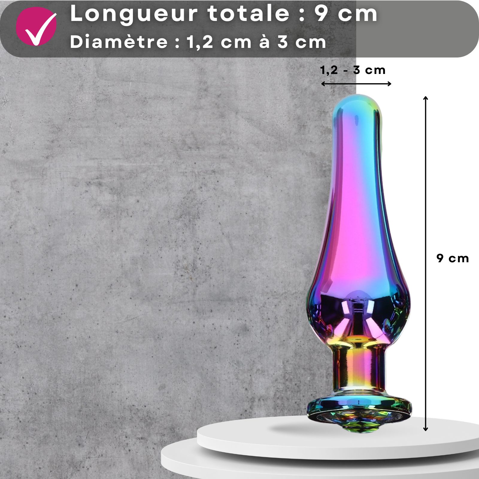 Plug multicolore. Longueur totale 9 cm, diamètre 1,2-3 cm.