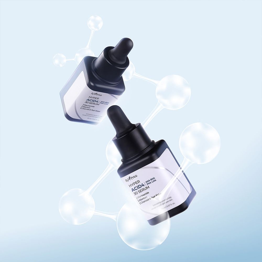 Twee ISNTREE Hyper Acid4 30 Serum flesjes met moleculaire structuur.