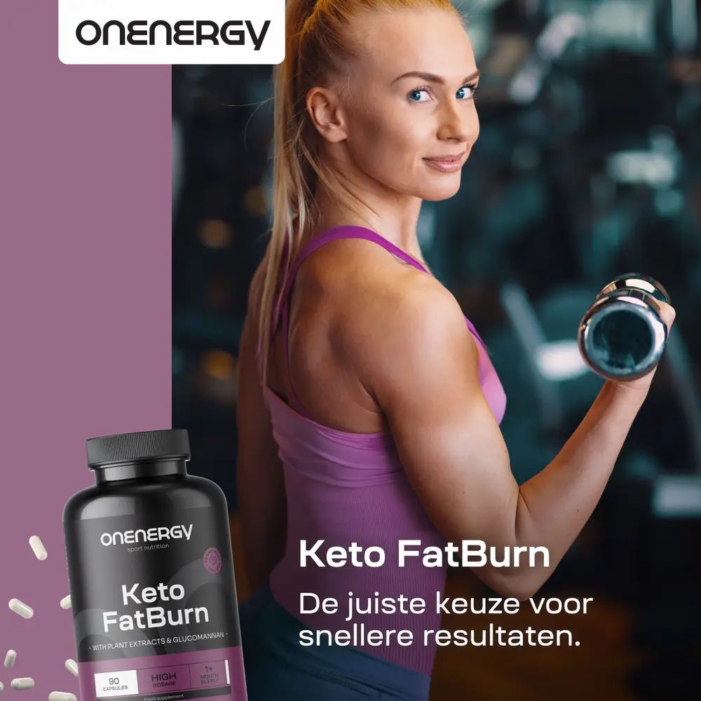 Vrouw tilt halter, ernaast pot OnEnergy Keto FatBurn. "De juiste keuze voor snellere resultaten."
