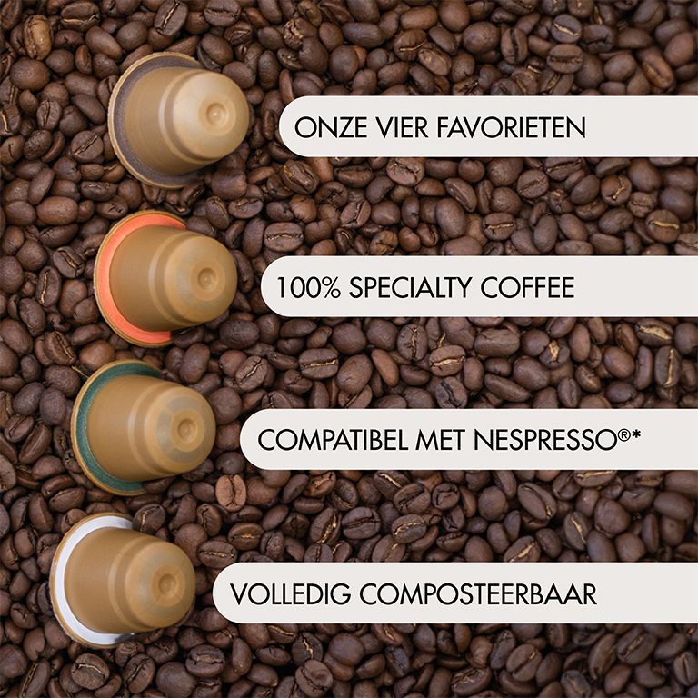 Koffiecapsules op koffiebonen. Tekst: Onze vier favorieten, 100% specialty coffee, compatibel met Nespresso®.
