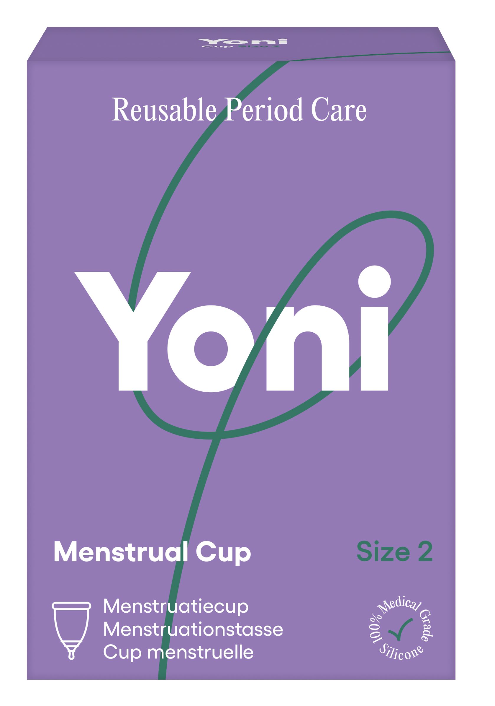 Emballage violet avec inscription "Yoni". Coupe menstruelle, taille 2. Silicone médical.