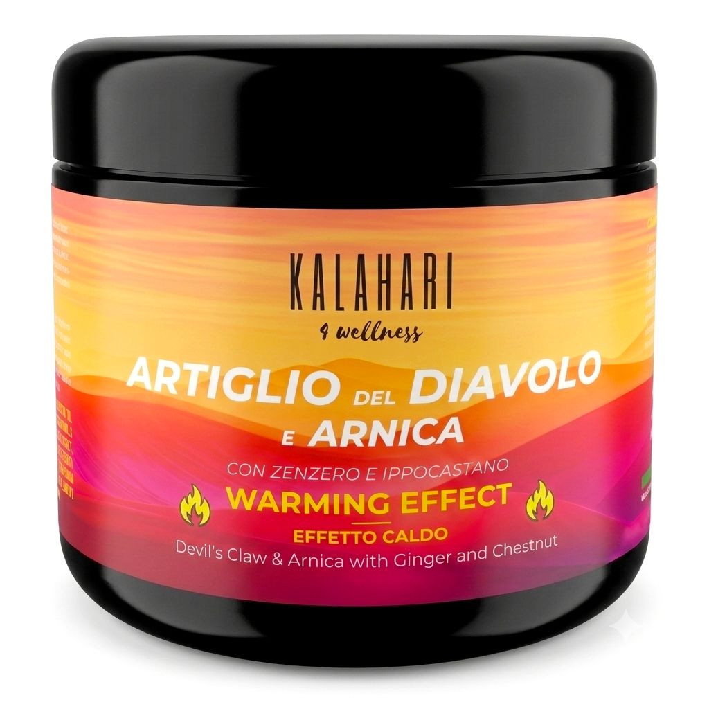 Zwarte pot met etiket: Duivelsklauw & Arnica, verwarmend effect.