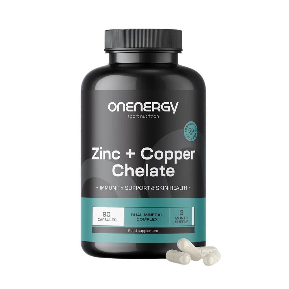 Bouteille noire de capsules Zinc + Cuivre Chélate, 90 unités.