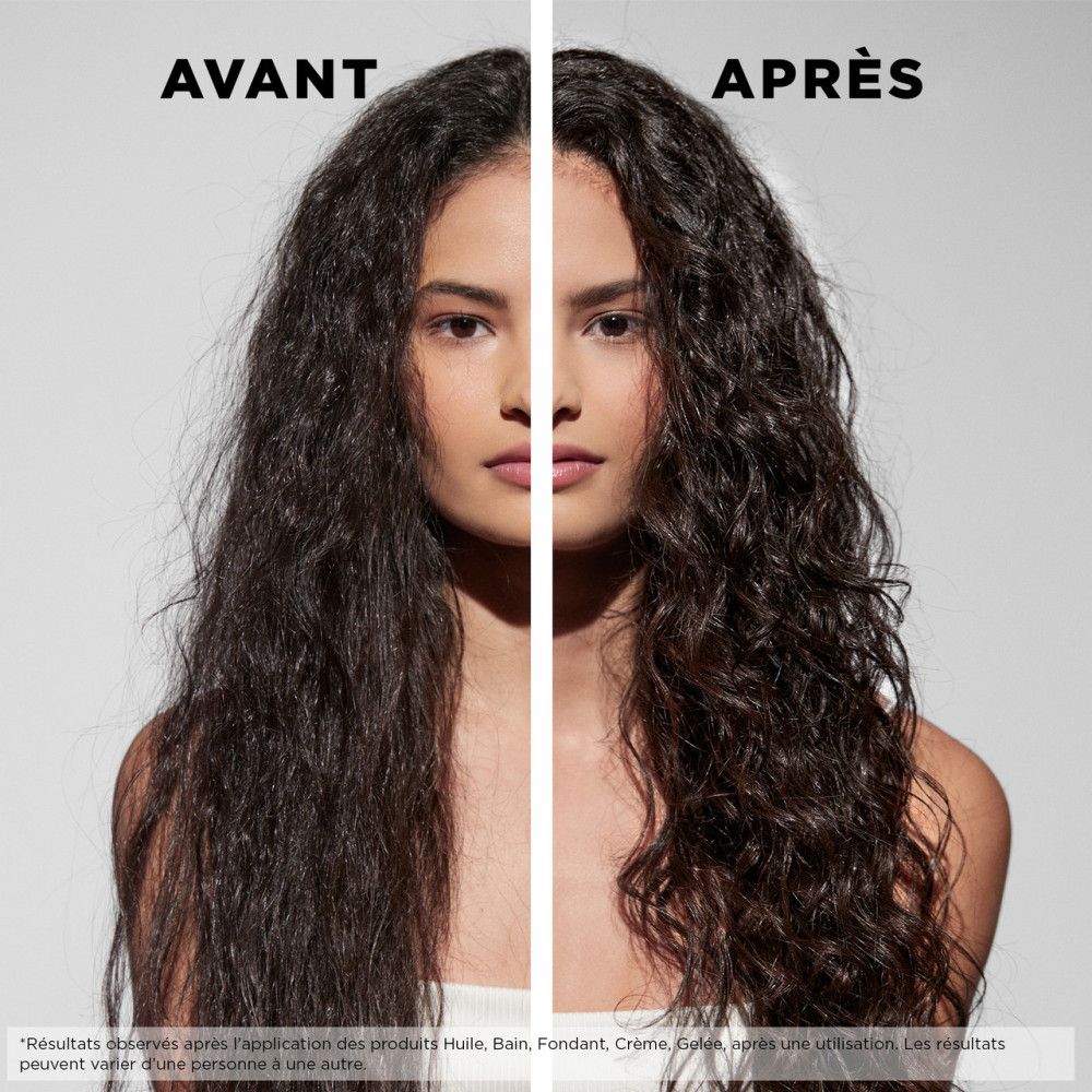 Voor-en-na-vergelijking. Links: kroeshaar. Rechts: verzorgd, krullend haar. Tekst: Avant en Après.