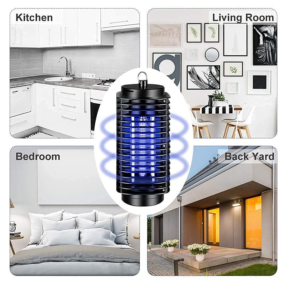 Elektrische insectenverdelger. Cilindrisch, zwart, met blauw licht. Getoond in verschillende omgevingen.