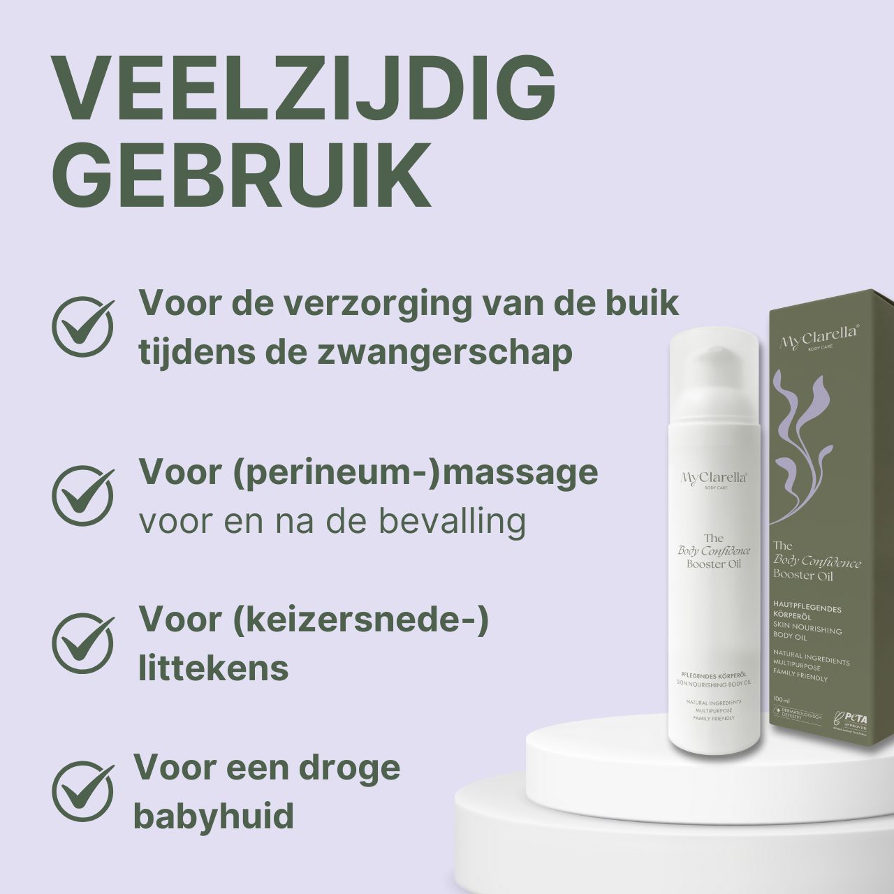 Fles en verpakking. Tekst: Veelzijdig gebruik. Voor buik, massage, littekens, droge babyhuid.
