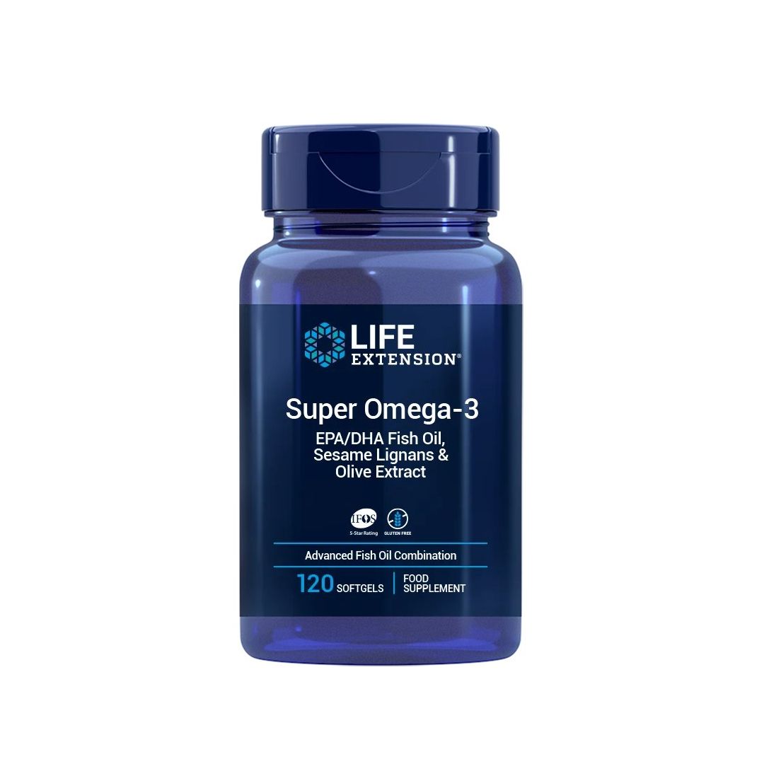 Bouteille Life Extension Super Omega-3 de 120 gélules molles.
