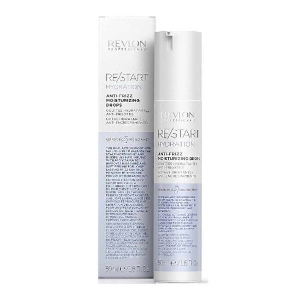 Revlon Re/Start Hydration gouttes hydratantes anti-frisottis en flacon pompe blanc.