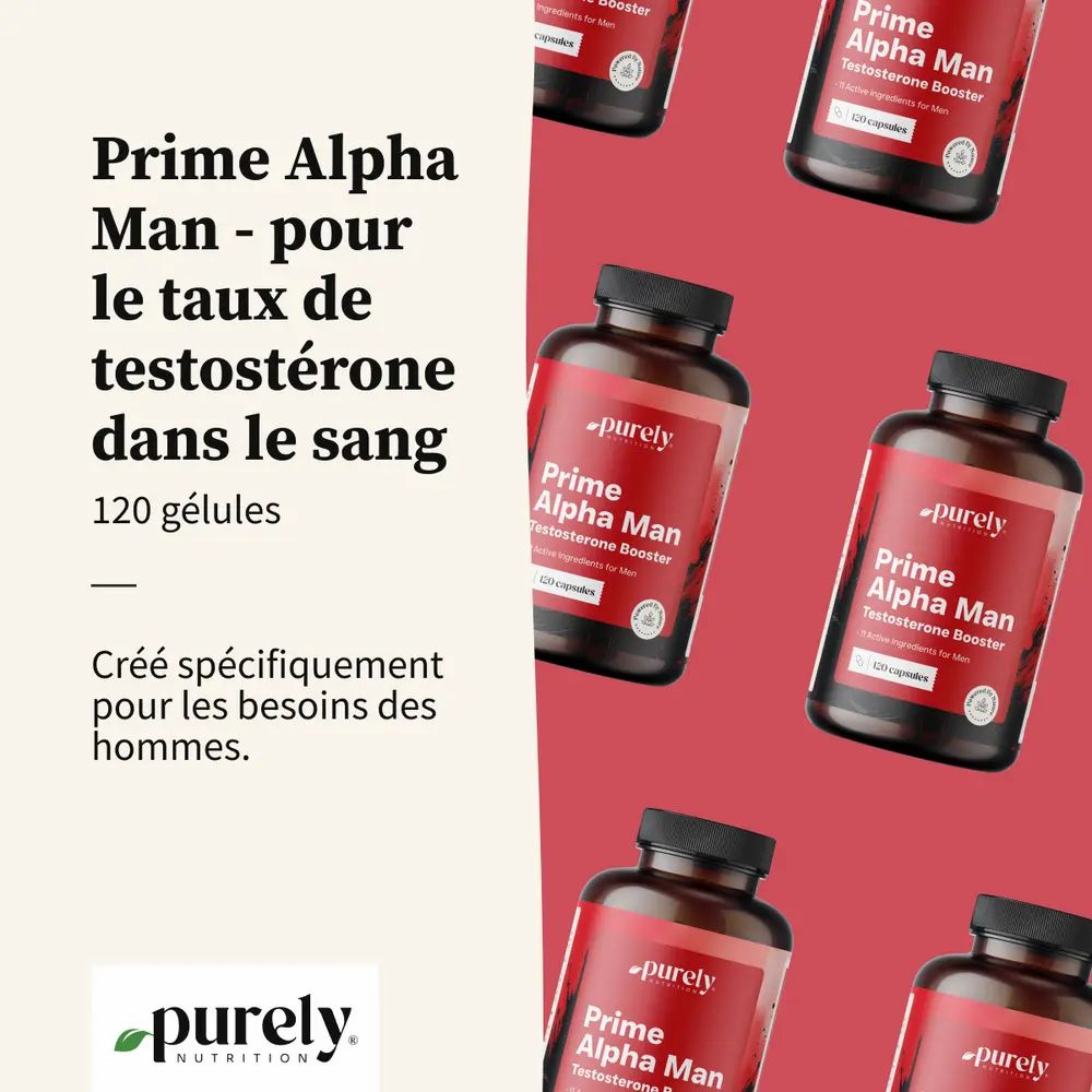 Plusieurs flacons avec capsules. Texte : Prime Alpha Man, 120 gélules. Logo : purely nutrition. Fond rouge.