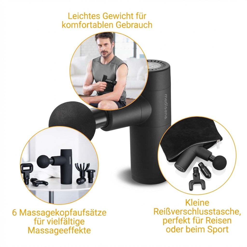 Zwart massagepistool met 6 opzetstukken, bolvormig opzetstuk en draagtas.
