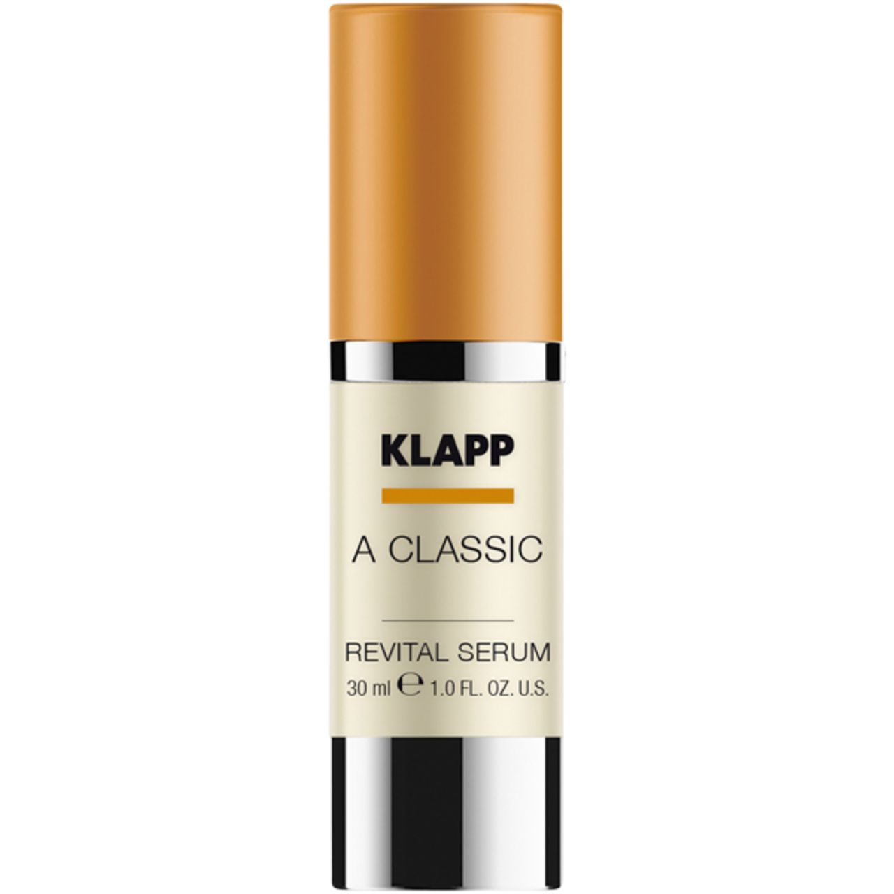 Serumfles met bruine dop en zilveren hals. Opschrift: Klapp, A Classic, Revital Serum.