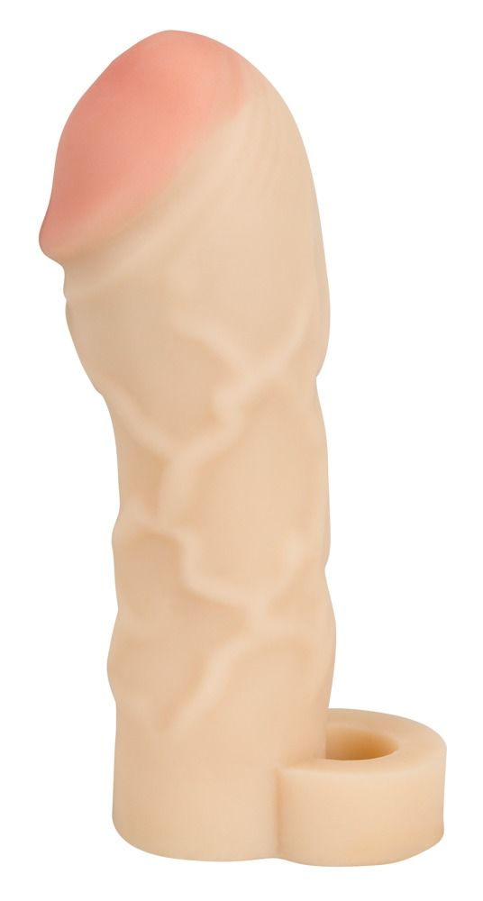 Extension de pénis beige avec extrémité rose. Base avec ouverture. Surface texturée.