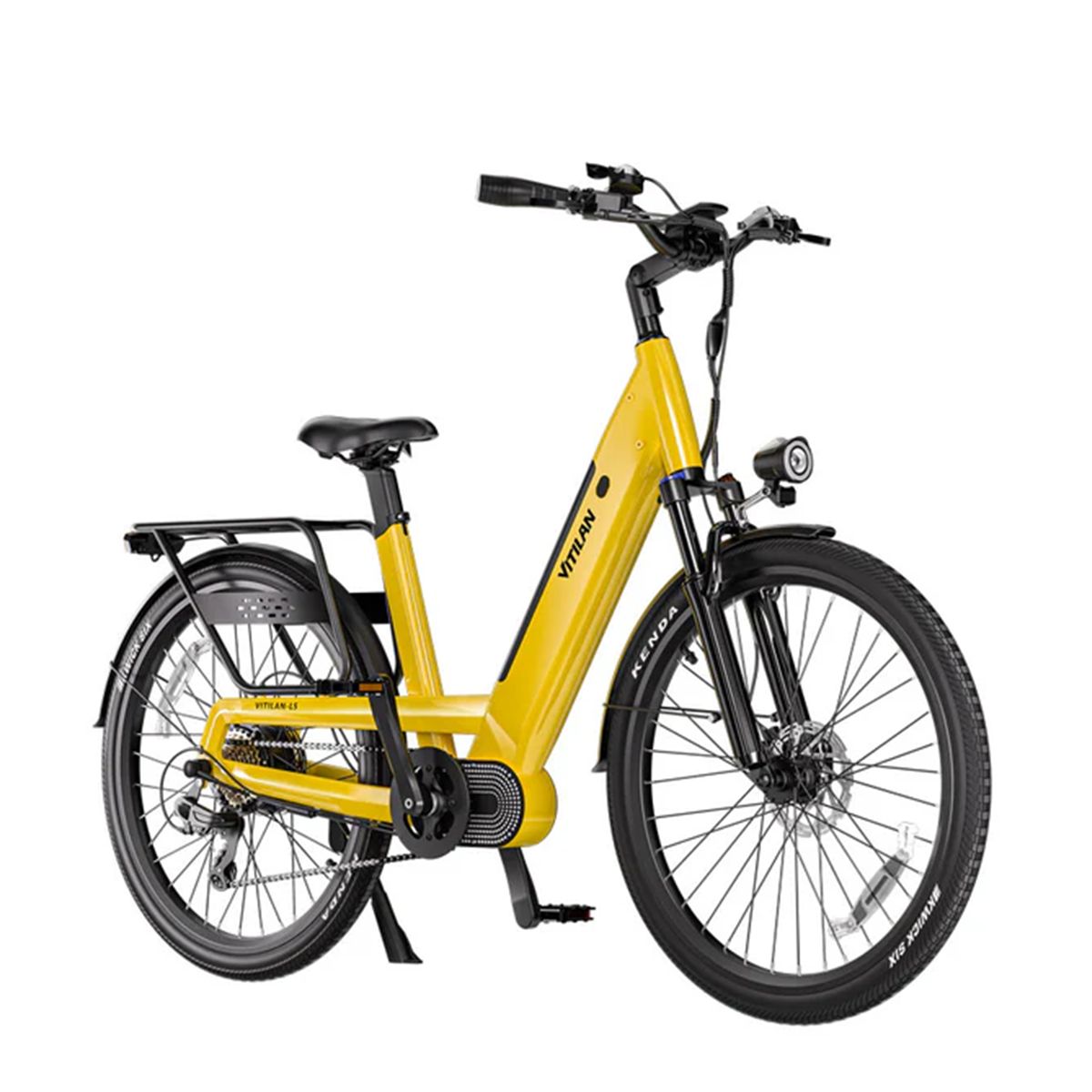 Vélo électrique Vitilan L5 jaune. Pneus noirs, porte-bagages, phare. Inscription Kenda sur les pneus.