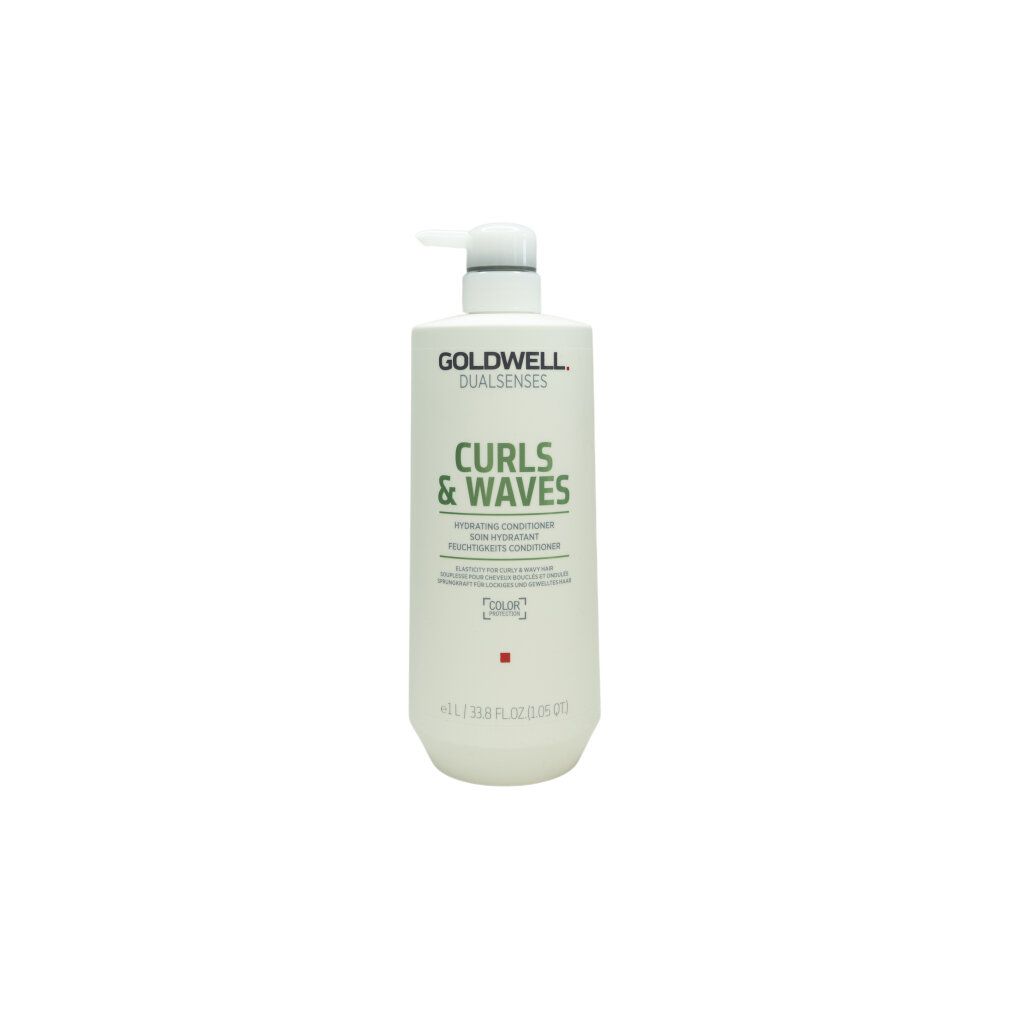 Witte fles met pomp. Opschrift: Goldwell Dualsenses Curls & Waves Conditioner. 1L.