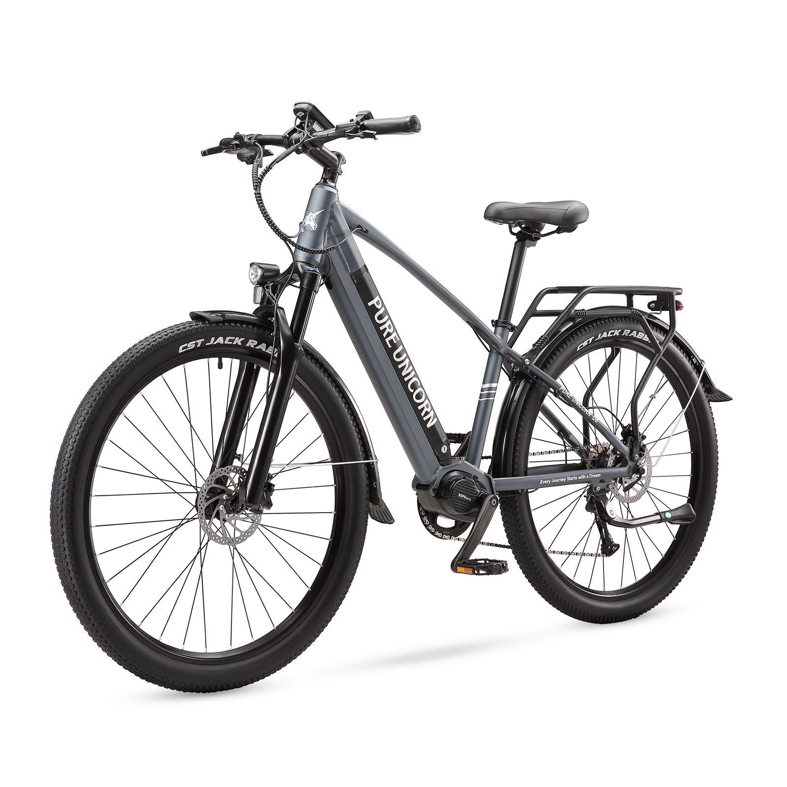 Vélo électrique gris avec porte-bagages et garde-boue. Marque : PURE UNICORN. Pneus, selle et guidon noirs.
