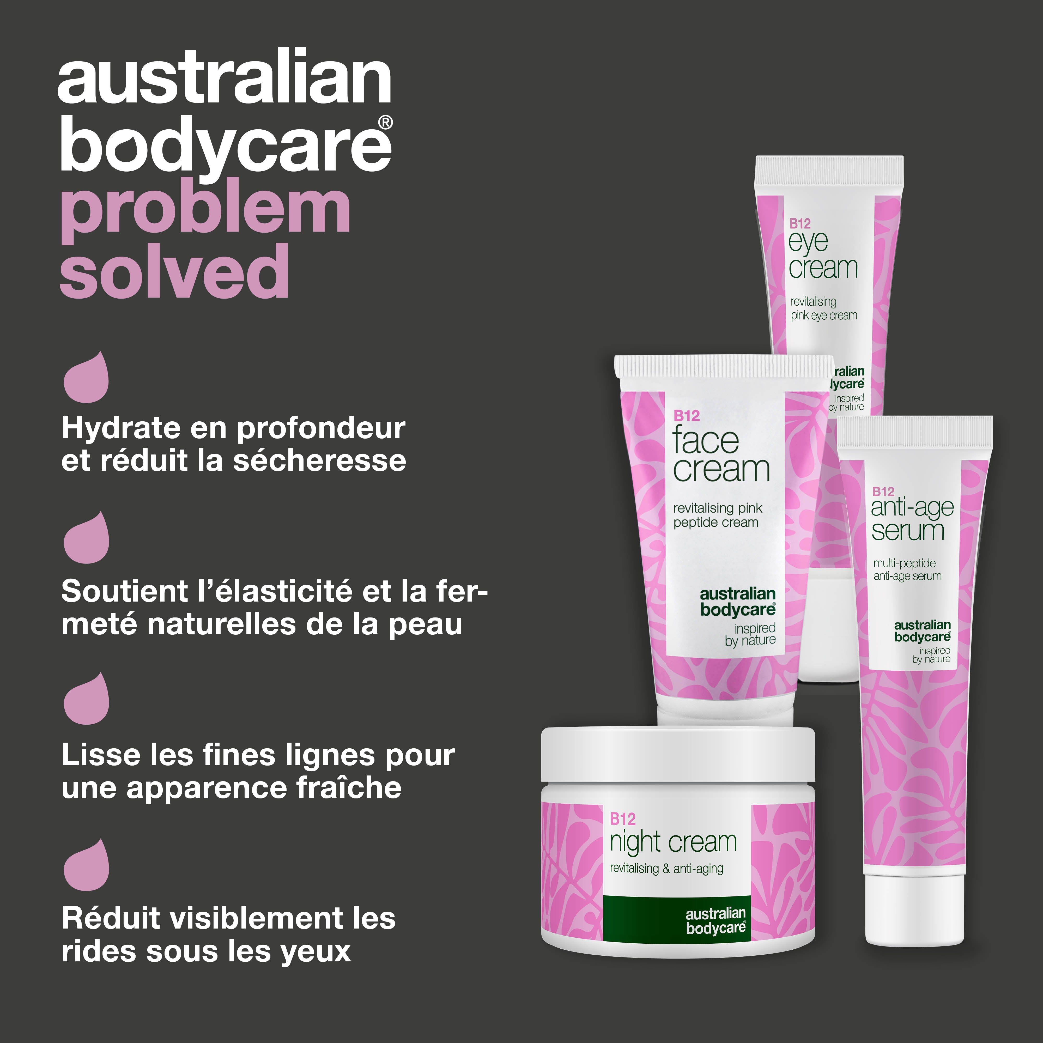 Produits : crème pour les yeux, sérum, crème visage, crème nuit. Texte : Australian Bodycare problème résolu. Avantages : hydratation, élasticité, rides.