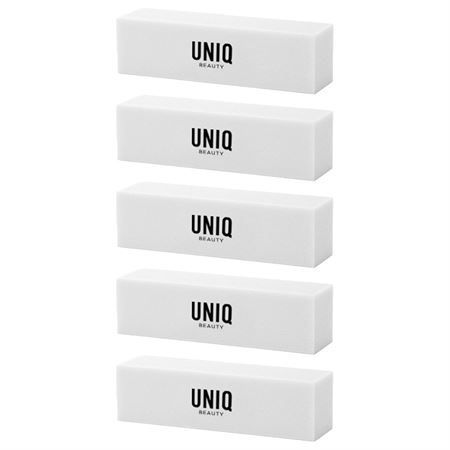 Cinq polissoirs à ongles blancs avec logo UNIQ BEAUTY noir.