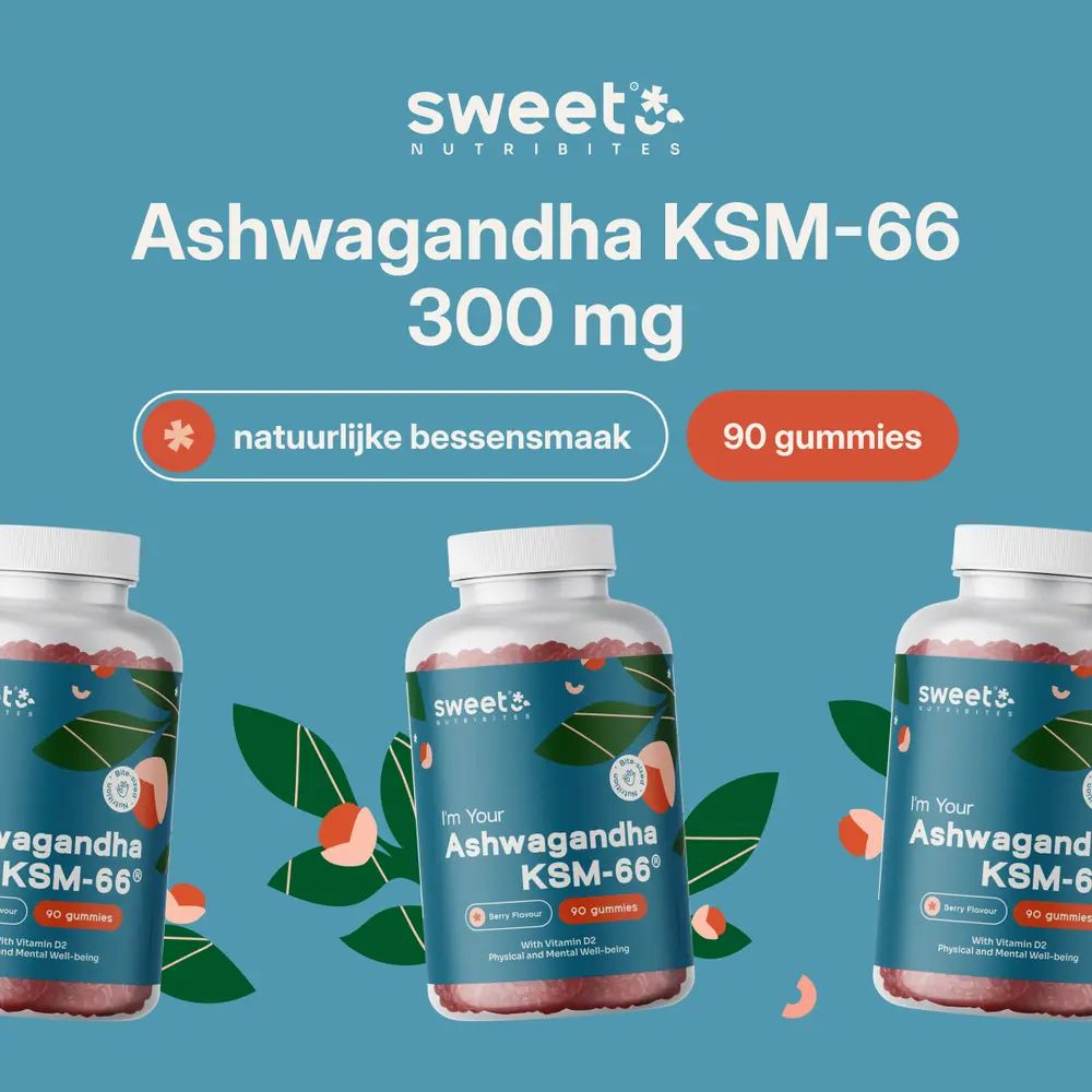 Drie flessen met 90 gummies. Tekst: Ashwagandha KSM-66, 300 mg, natuurlijke bessensmaak.