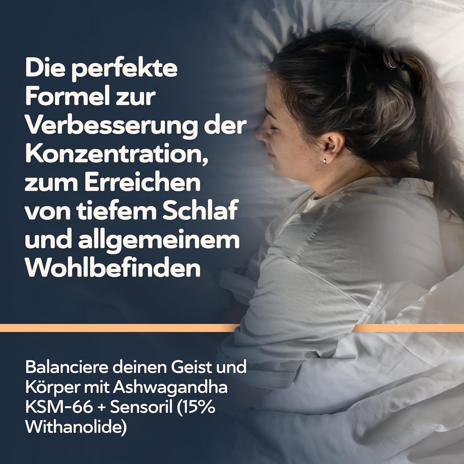 Vrouw slaapt in een bed, omringd door zacht licht. Tekst over concentratie en slaap.