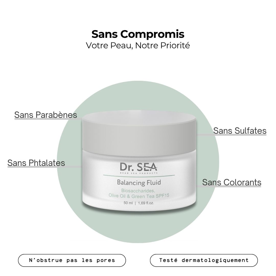 Produit avec texte. Texte : Sans parabènes, Sans phtalates, Sans sulfates, Sans colorants. Testé dermatologiquement.