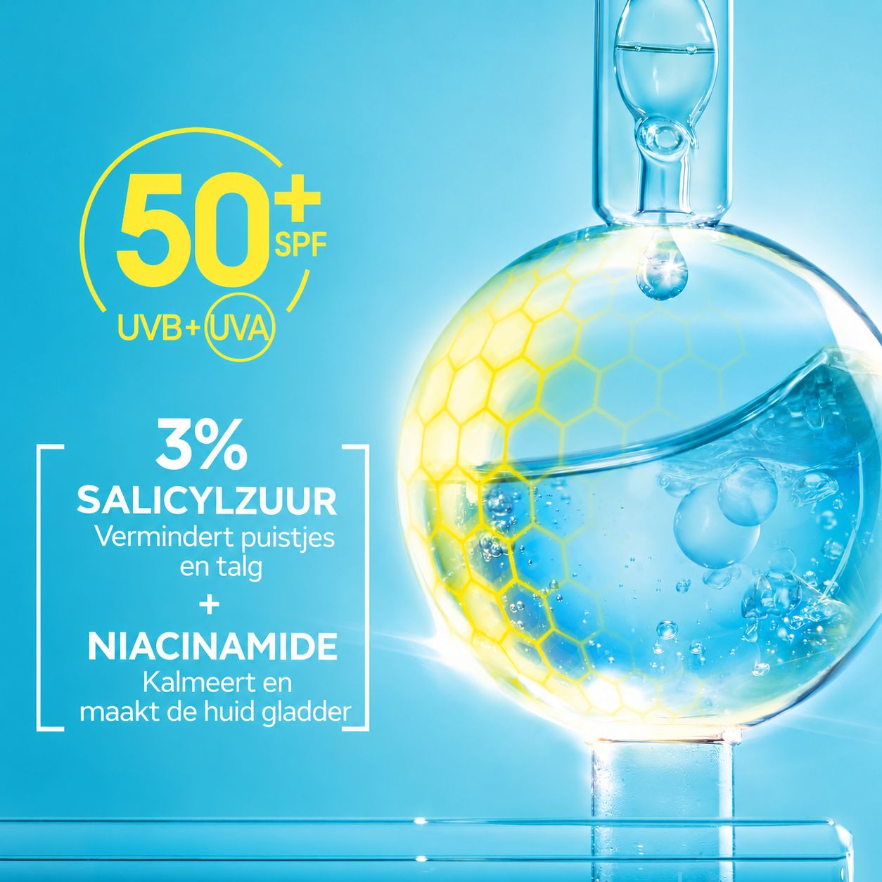Zonnebrandcrème met SPF 50+, UVB+UVA. Bevat 3% salicylzuur en niacinamide.