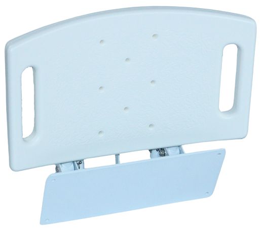 Siège de douche avec pieds, vue de dessous. Assise blanche percée, support, articulations métalliques, fixation murale.