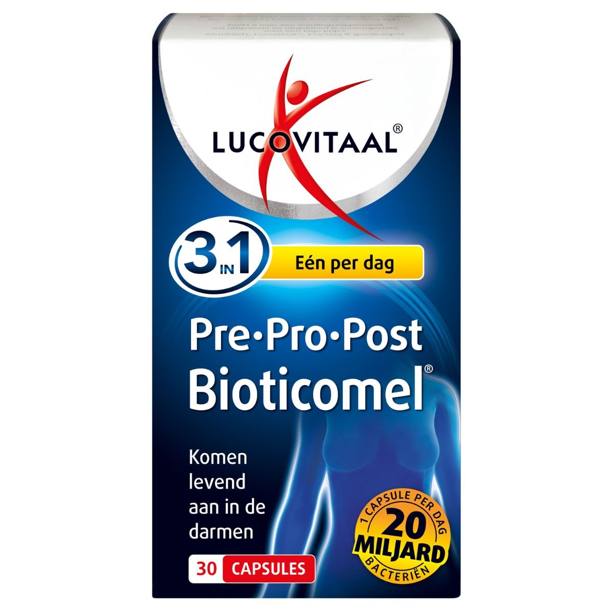 Verpakking van Lucovitaal Pre·Pro·Post Bioticomel. Blauwe doos met productnaam en logo. 30 capsules.