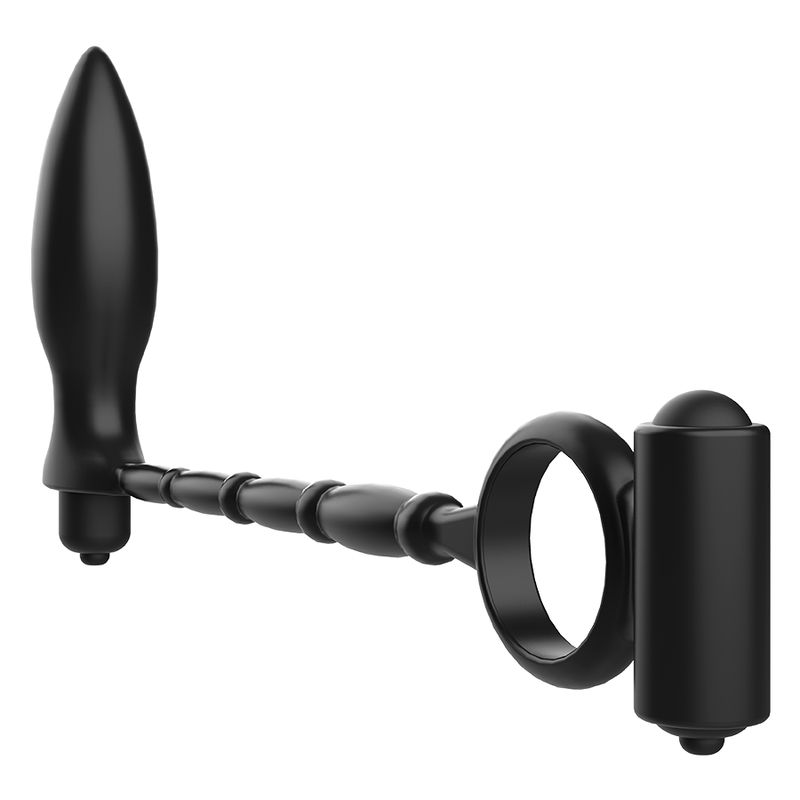 Plug anal noir avec tige flexible et anneau. Vue de trois quarts. Silicone.