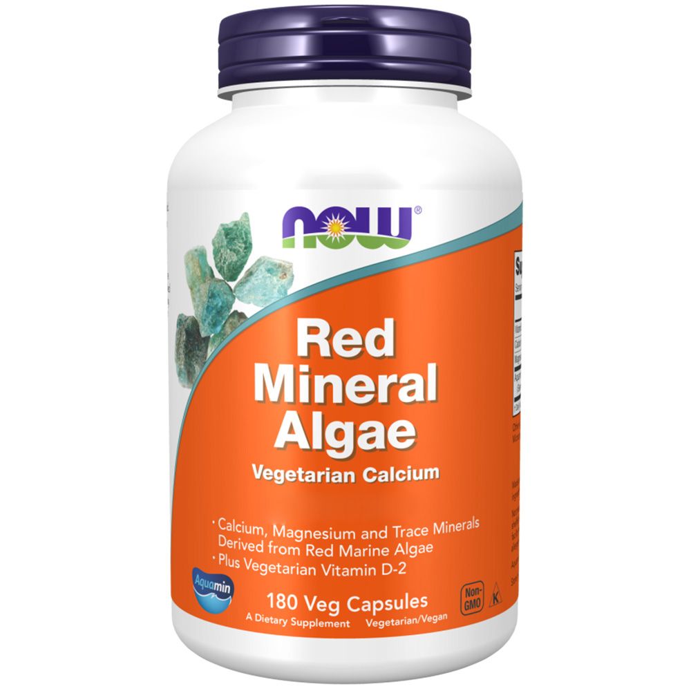 Witte fles met blauwe dop. Opschrift: NOW, Red Mineral Algae, Vegetarian Calcium. Bevat 180 vegicapsules.