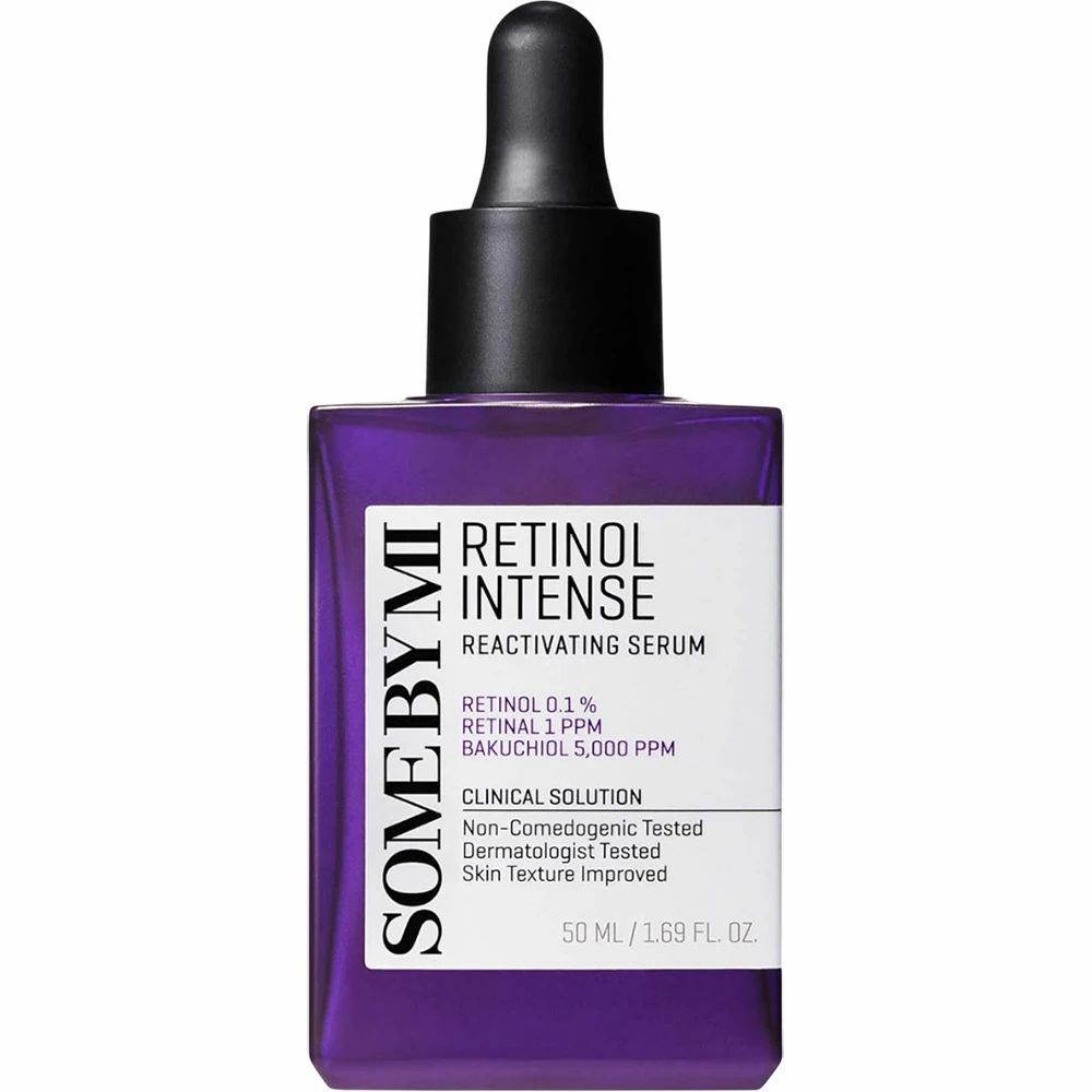 Flacon de sérum. Texte : SOME BY MI, Retinol Intense Reaktivierendes Serum. Contient du rétinol 0,1 %, du rétinal 1 PPM, du bakuchiol 5 000 PPM.