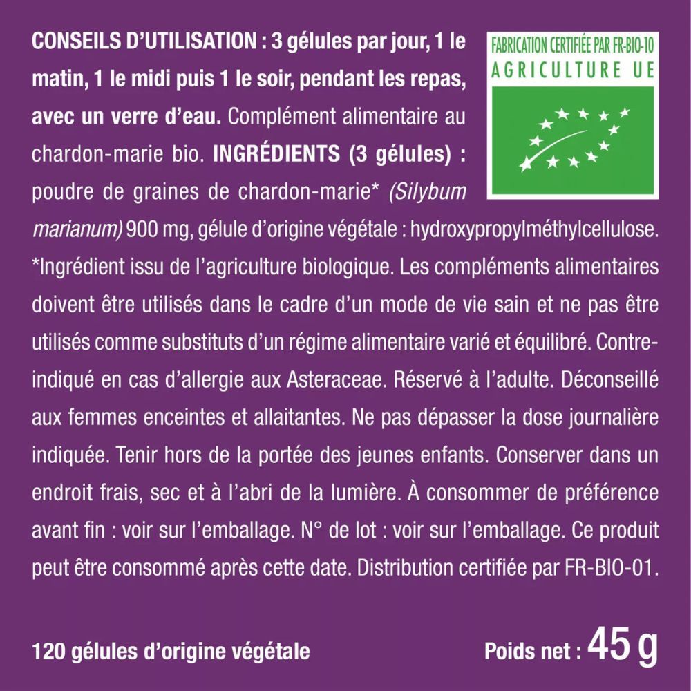 Texte. Conseils d'utilisation : 3 gélules par jour. Ingrédients. 120 gélules. Certification.