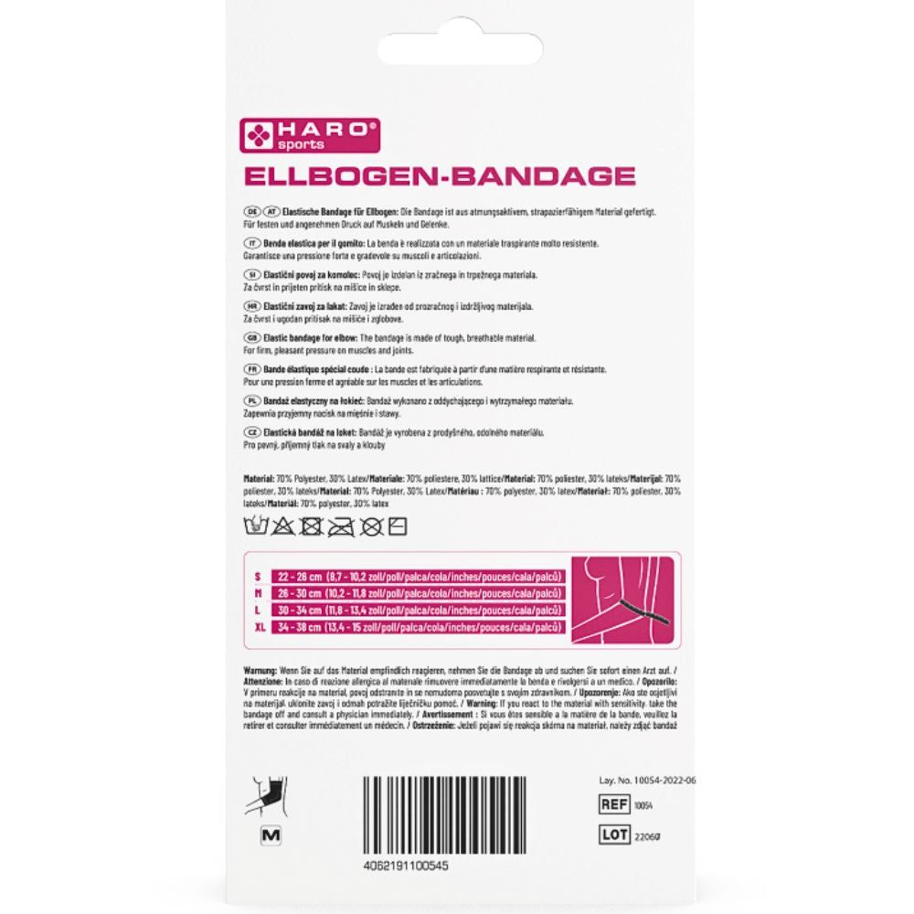 Achterkant van de Haro elleboogbandage verpakking. Tekst in meerdere talen. Maatinformatie en materiaalsamenstelling.