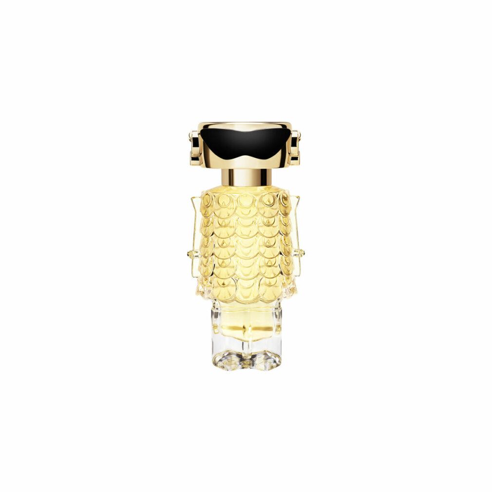 Paco Rabanne Fame Eau de Parfum. Flacon doré avec liquide jaune.