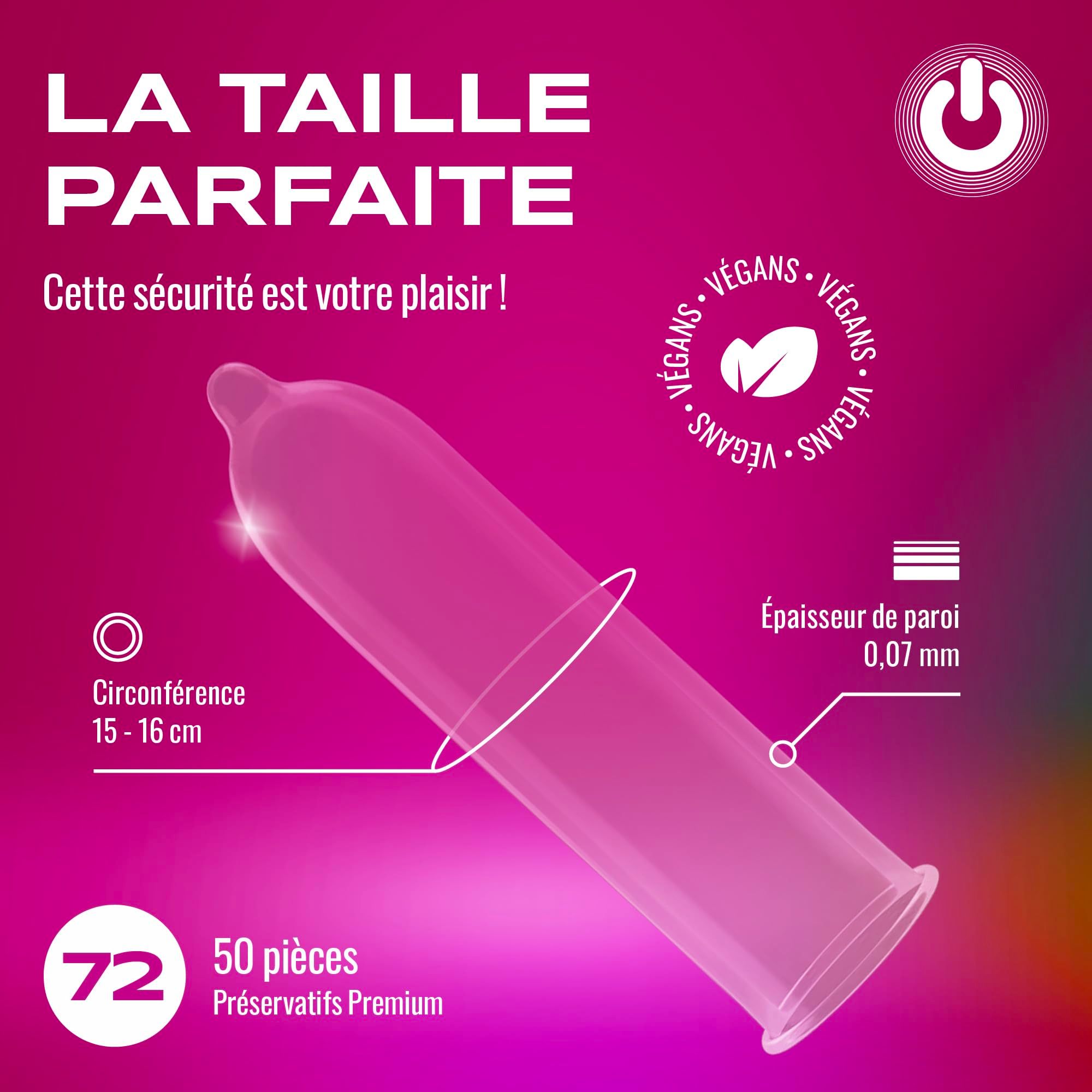 Préservatif rose avec réservoir, sans parfum, en latex de caoutchouc naturel.