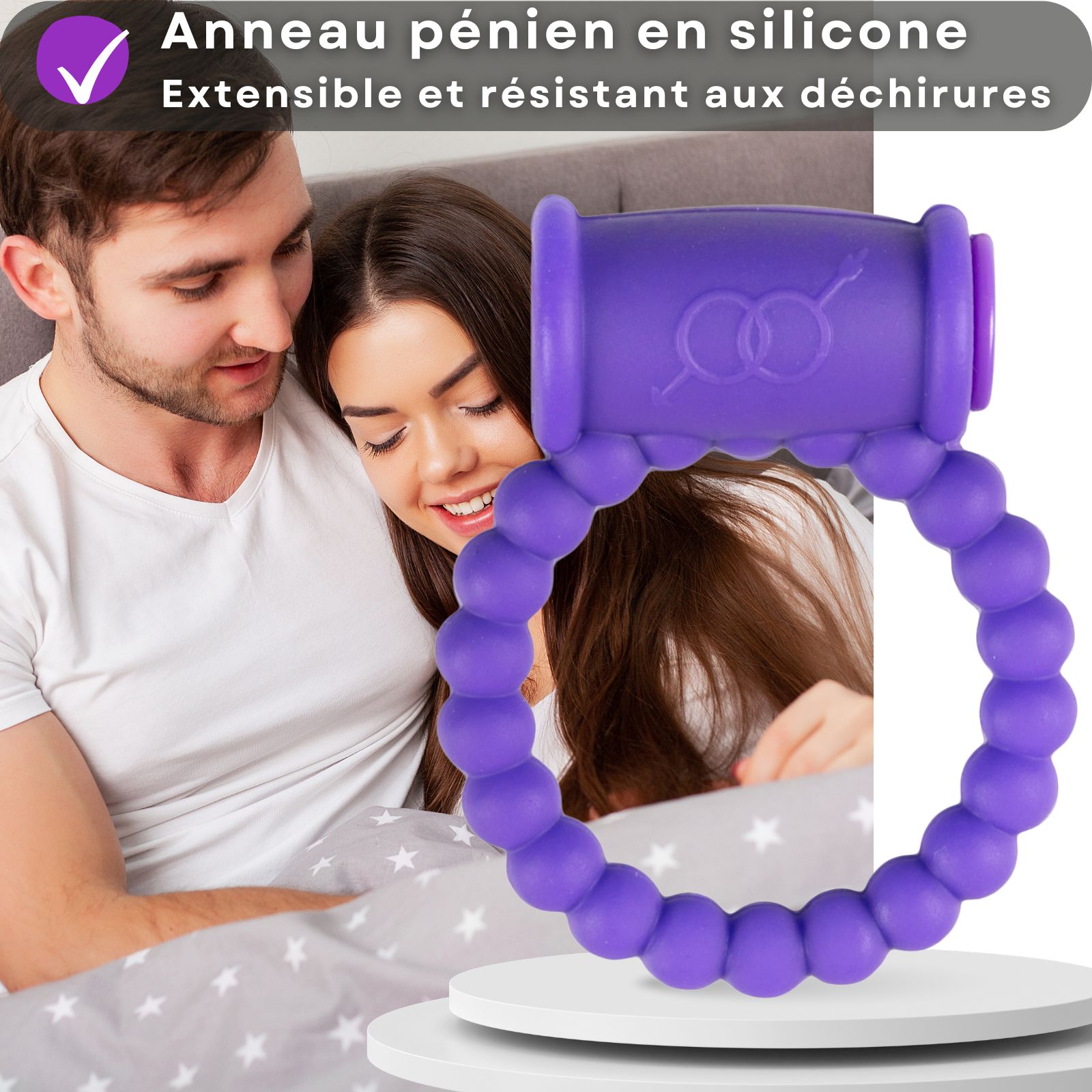 Couple au lit, anneau pénien avec texte: Anneau pénien en silicone, extensible.