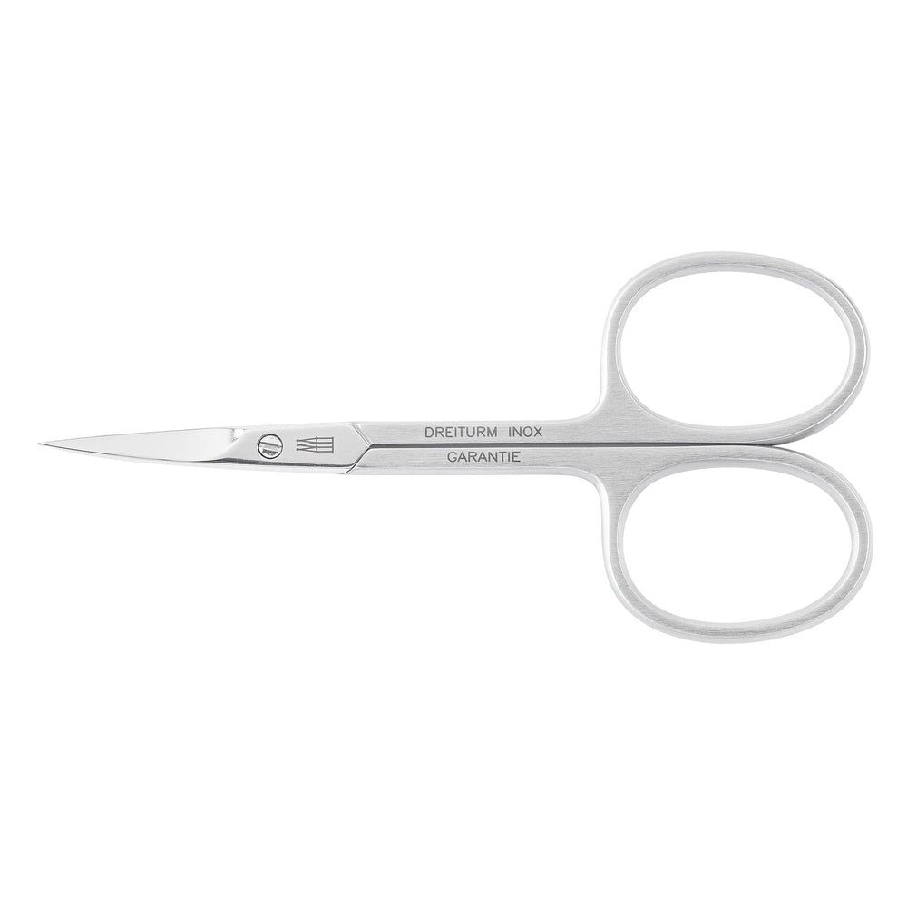 Ciseaux à ongles pointus en inox. Métal argenté. Ouvertures ovales pour les doigts. Inscription: DREITURM INOX GARANTIE.