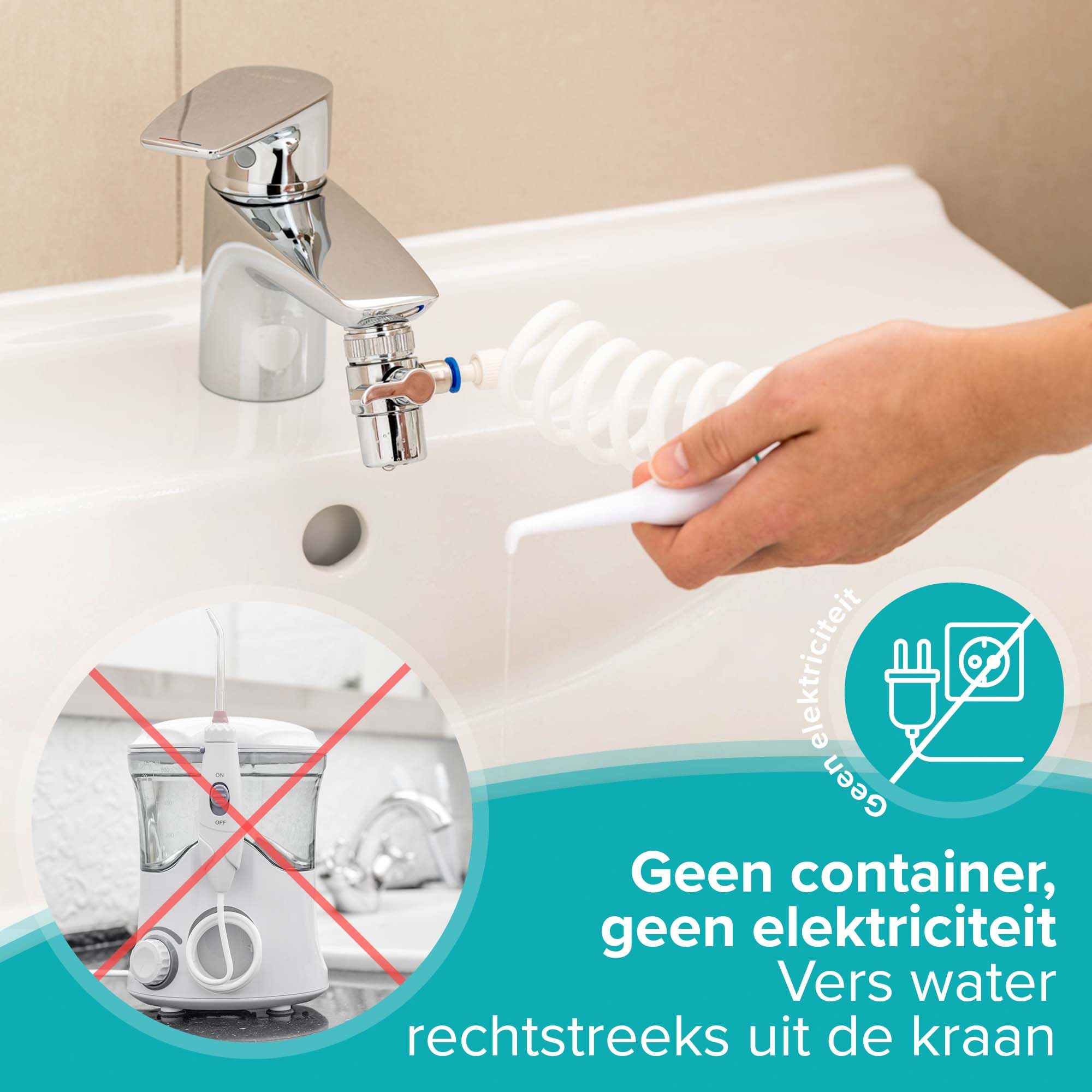 Verpakking monddouche. Close-up toont aansluiting op kraan. "Verwijdert tot 94% van de bacteriën".